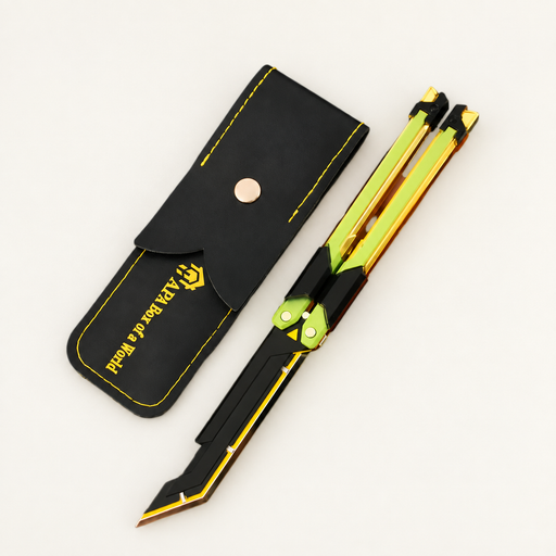 Green and gold toy model with black pouch on ivory surface