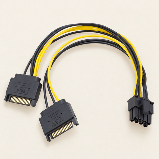 Yellow and black graphics card power cable with two SATA connectors and one eight-cavity connector on an ivory surface.