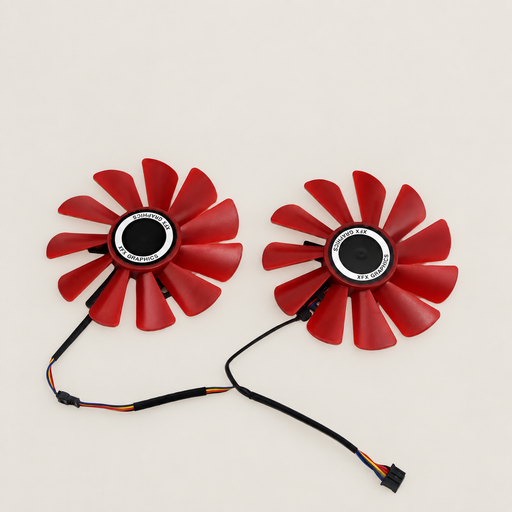 Two red graphics card cooling fans with connected wiring