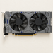 Dual-fan graphics card with grey shroud and blue accents.