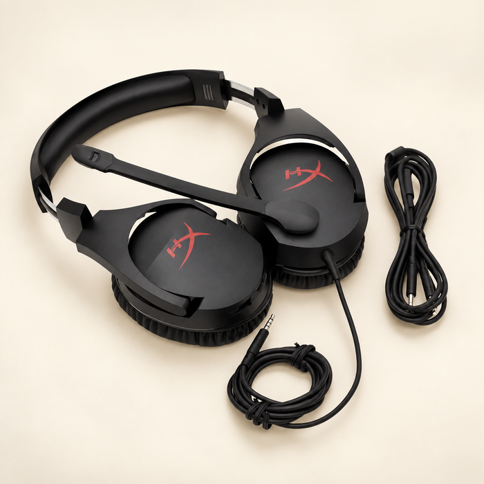 Black gaming headset with microphone and coiled cables on ivory