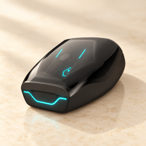 Closed black gaming earbud case with cyan lighting