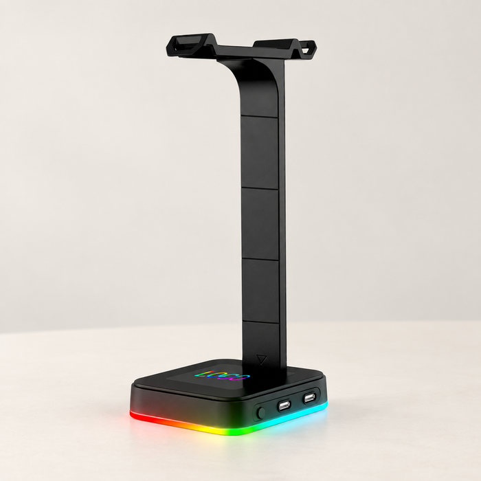 Black RGB-lit headphone stand with two front USB ports.