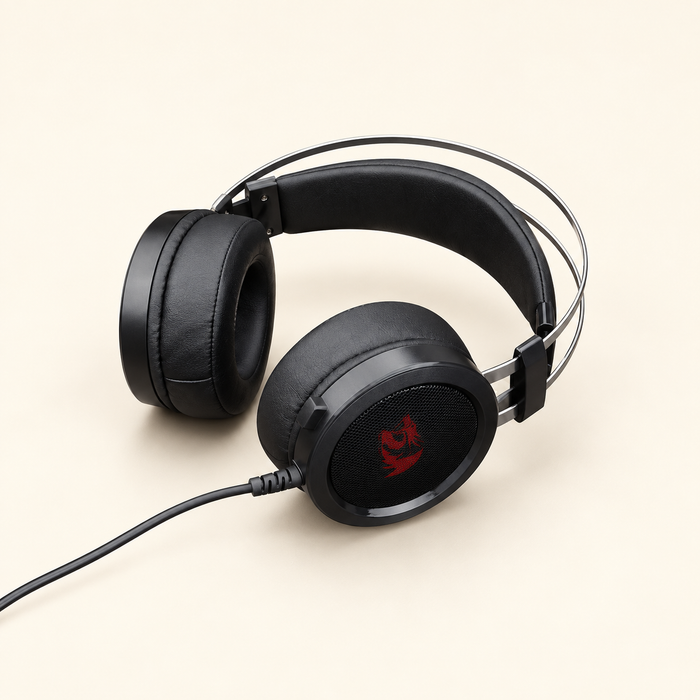 Black dual-arch gaming headset with red earcup emblem resting on an ivory surface