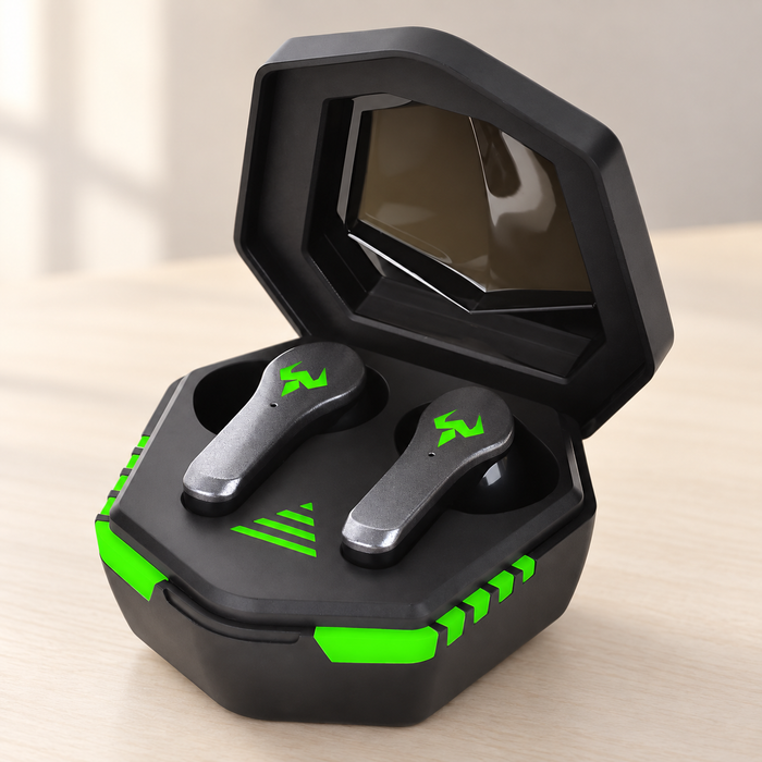 Black wireless earbuds in an open case with green accents