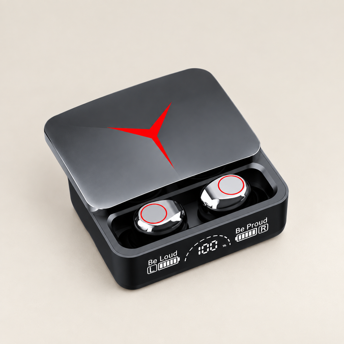 Open wireless earbud charging case on an ivory desk