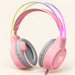 Pink illuminated headset with grey cushions and boom microphone on ivory background