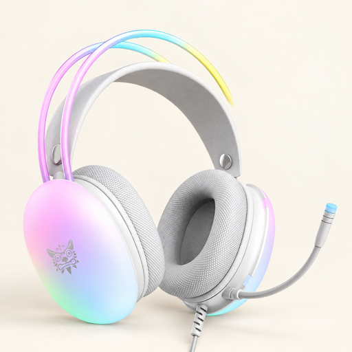 White RGB gaming headset with grey cushions and curved microphone on an ivory surface