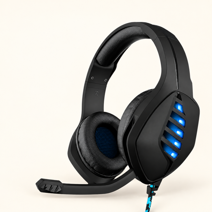 Black gaming headset with blue side lights and boom microphone on ivory background