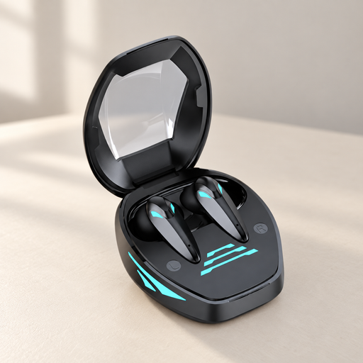 Black wireless earbuds in a case with cyan accents