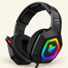 Black RGB gaming headset with raised microphone and illuminated character emblem on an ivory surface