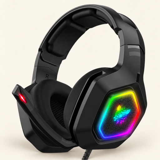 Black RGB gaming headset with raised microphone and illuminated character emblem on an ivory surface