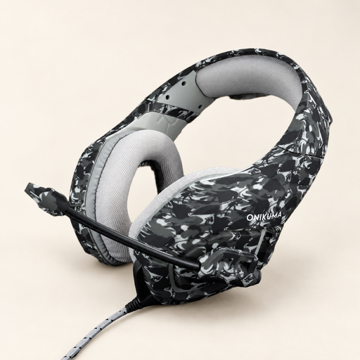 Grey camouflage ONIKUMA headset with cushioned ear pads, boom microphone and braided cable
