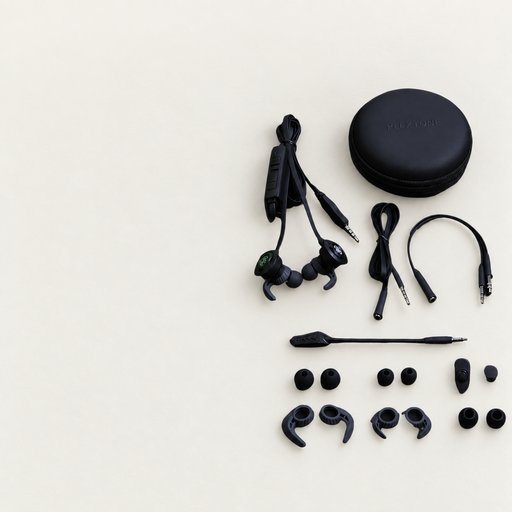 Black gaming earbuds and accessory kit