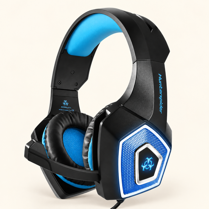 Blue and black Hunterspider gaming headset with boom microphone on an ivory surface