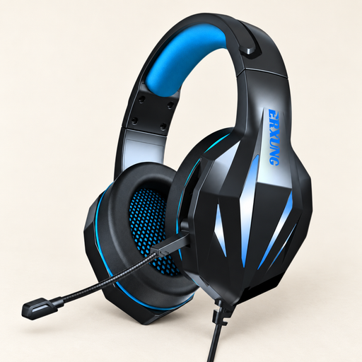 Blue and black ERXUNG gaming headset with flexible boom microphone on an ivory surface