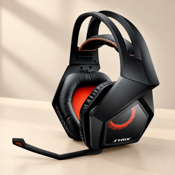 Black and orange STRIX headset resting on an ivory desk