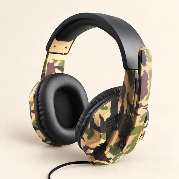 Camouflage gaming headset with raised microphone and black cushions on an ivory surface
