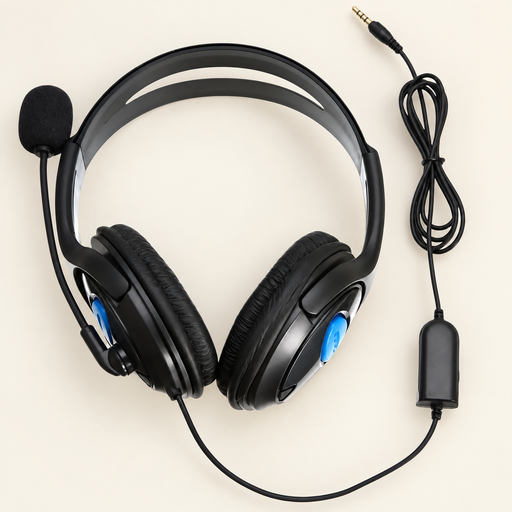 Black and blue gaming headset with microphone and complete cable