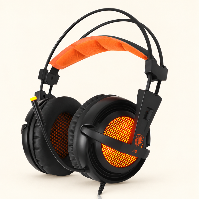 Black and orange A6 gaming headset with raised boom microphone on an ivory surface
