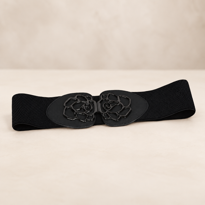 Black elastic belt with two rose clasp halves.