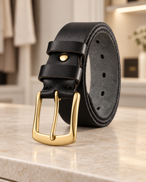 Rolled black leather belt with a gold buckle and two keeper loops on a pale stone dressing table.