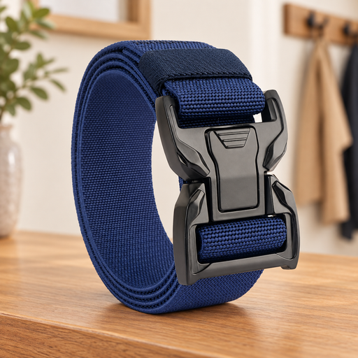 Coiled navy-blue belt with a black buckle on a wooden surface.