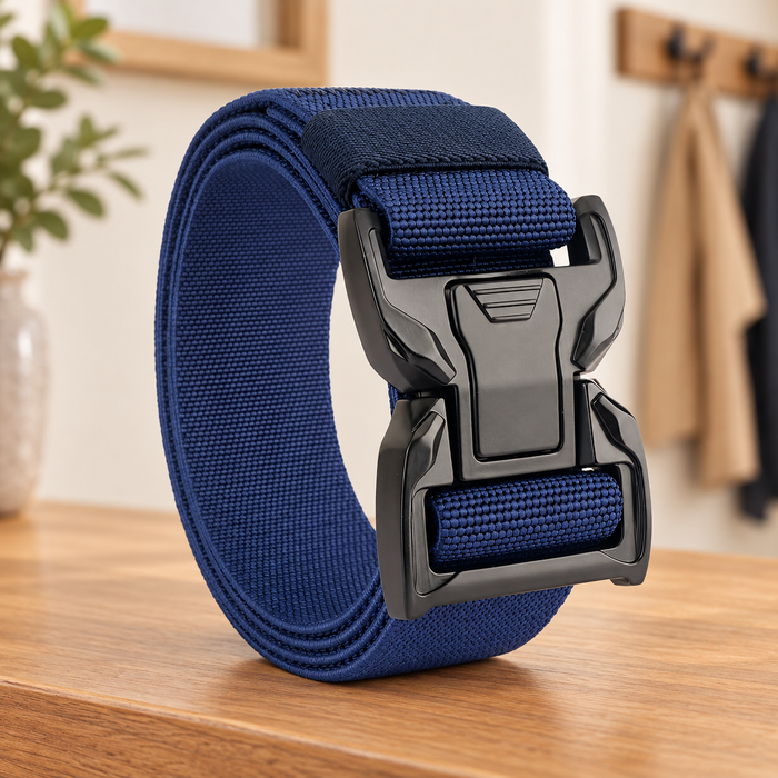 Coiled navy-blue belt with a black buckle on a wooden surface.