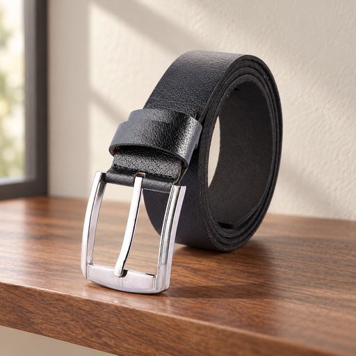 Black rolled belt with a silver pin buckle on a walnut shelf.
