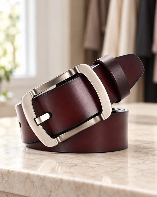 Rolled burgundy-brown leather belt with a silver rectangular buckle on a pale stone dressing table.