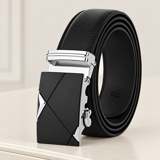 Coiled black belt with silver and black buckle on ivory dresser