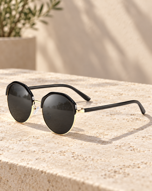 Black and gold round sunglasses with dark lenses resting on a sunlit limestone surface.