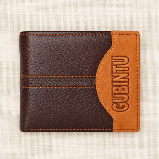Brown and orange wallet with vertical embossed lettering on ivory linen