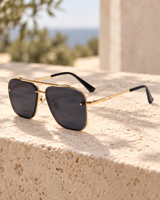 Gold metal-frame sunglasses with dark rectangular lenses resting on a sunlit travertine ledge.