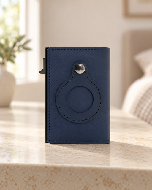 Navy blue compact wallet with a silver snap and stitched circular front holder on a pale stone console.