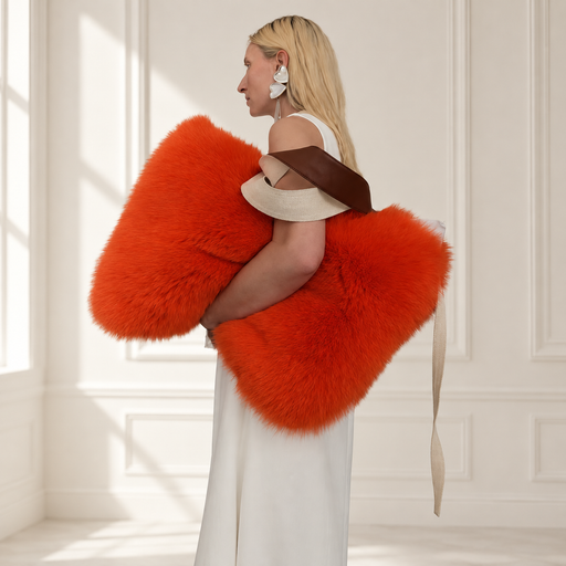 Orange furry handbag carried by a woman in an ivory interior