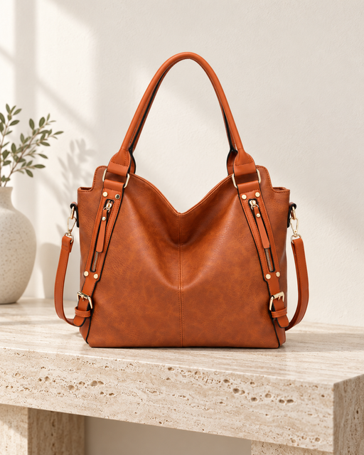 Cognac handbag with twin handles, front zipper details, buckles and a shoulder strap on a stone console.