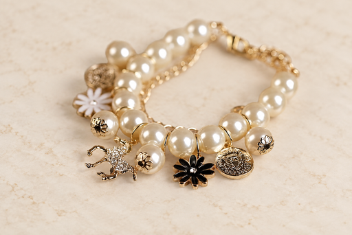 White bead bracelet with floral, horse and coin charms on an ivory surface.