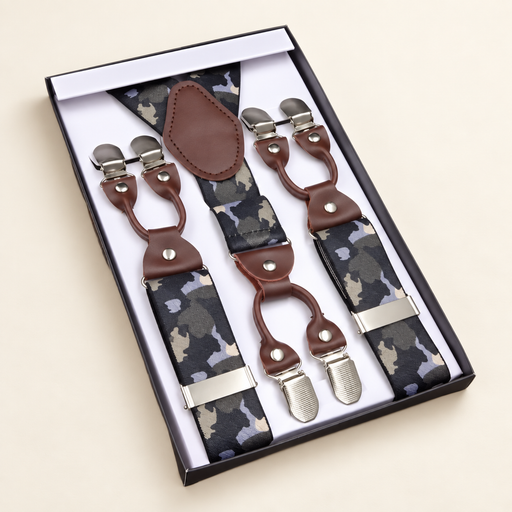 Camouflage suspenders with six metal clips in open presentation box