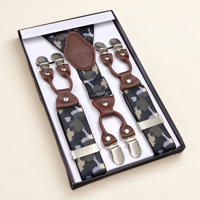 Camouflage suspenders with six metal clips in open presentation box