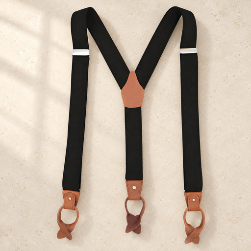 Black suspenders with tan button loops