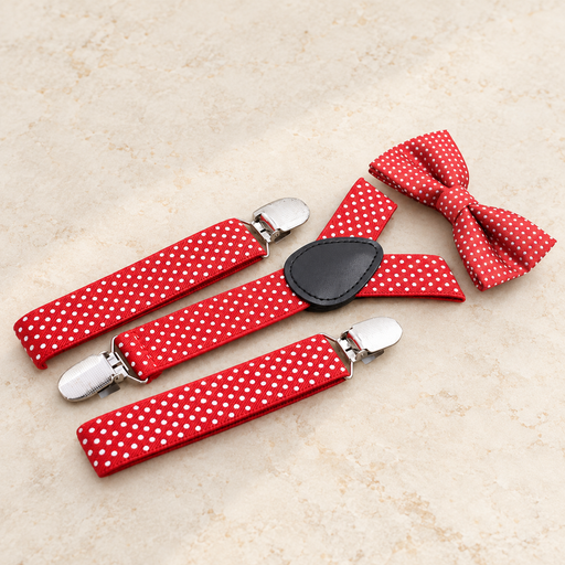 Red polka-dot suspenders and matching bow tie