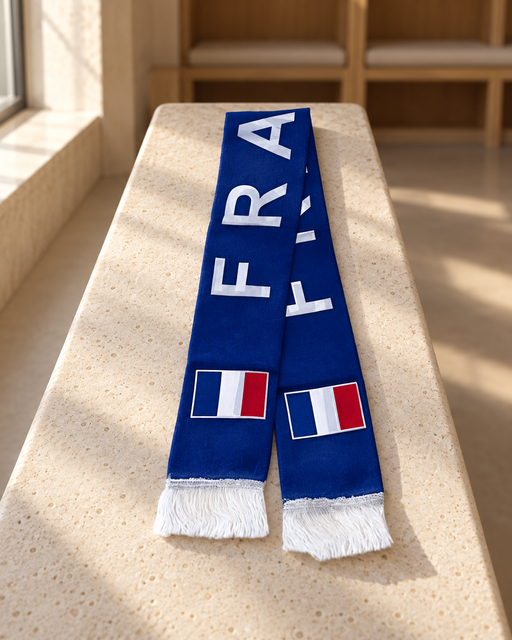 Blue France football scarf with tricolor patches and white fringes laid on a pale stone bench.