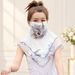 White and lavender floral face-covering scarf on model