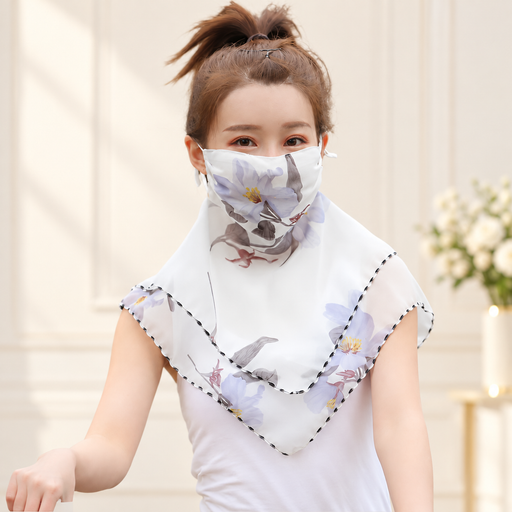 White and lavender floral face-covering scarf on model