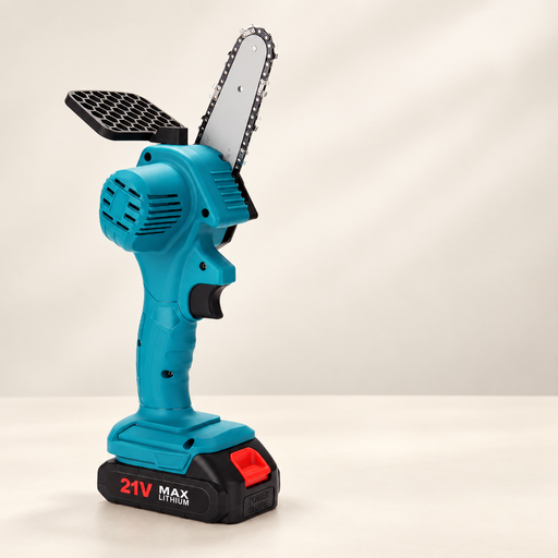 Turquoise handheld saw with battery on ivory tabletop