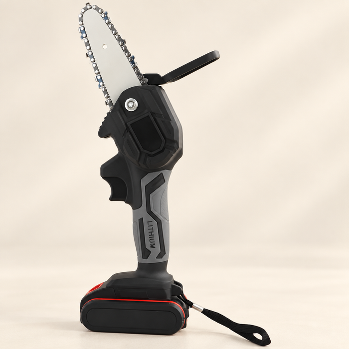 Compact black and grey pruning saw with wrist strap