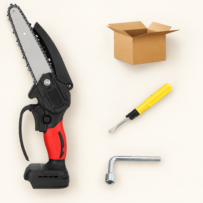 Red handheld saw with screwdriver wrench and cardboard box on ivory surface