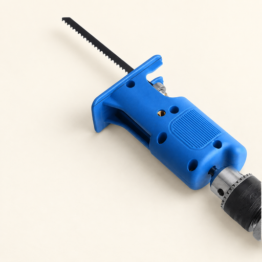 Blue drill-to-saw adapter with installed blade shown attached to a partially visible drill chuck on an ivory surface