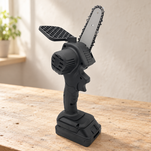 Dark grey compact chainsaw on its original battery base on a neutral workbench.